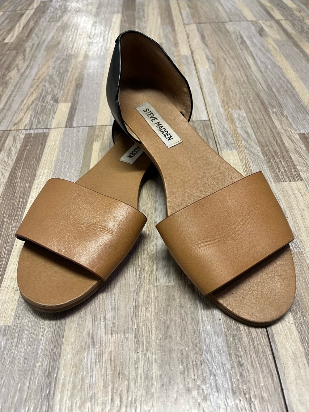 Steve Madden Tan and Black D'Orsay Slide Sandals